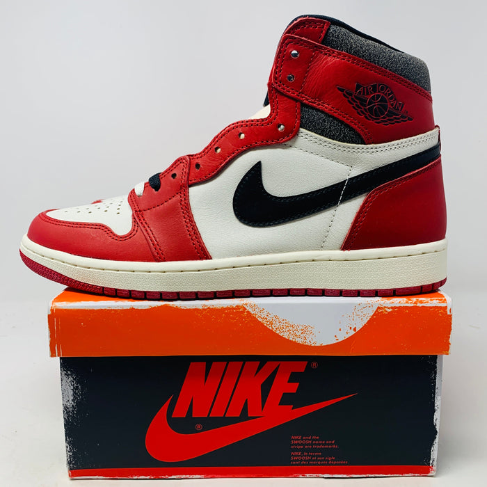Jordan 1 Lost And Found GS sneakers in red, white, and black on Nike box, brand new with extra laces, 2022 release