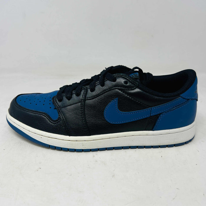 Jordan 1 Retro Low OG Mystic Navy sneaker side view with black and blue leather upper and white sole