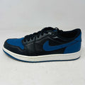 Jordan 1 Retro Low OG Mystic Navy sneaker side view with black and blue leather upper and white sole
