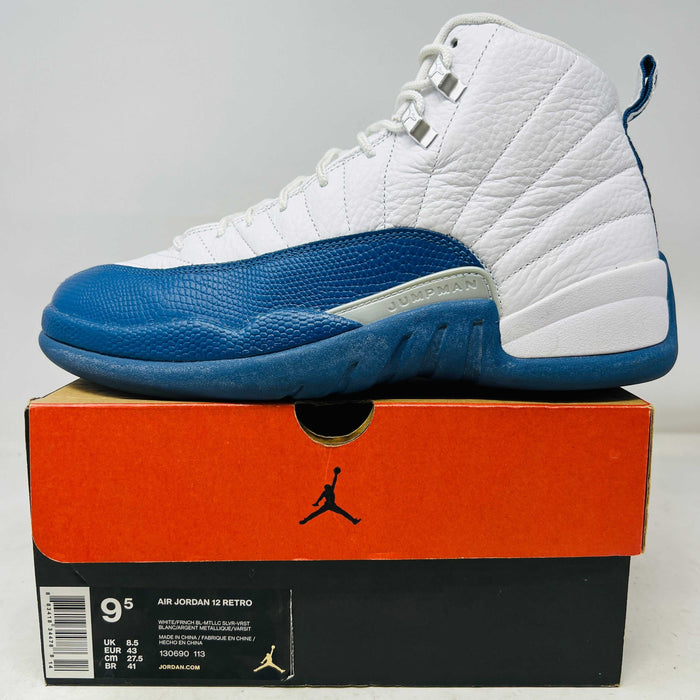 Jordan 12 Retro French Blue sneaker on box, white and blue leather, 2016 model