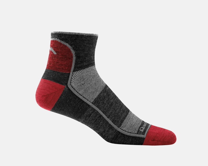 Darn Tough 1/4 Sock Light socks in black, gray, and red with lightweight construction, side view showing pattern detail.