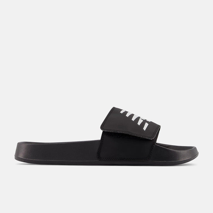 New Balance 200v2 Adjustable slide sandals in black with a hook-and-loop strap and white graphic design, side view.
