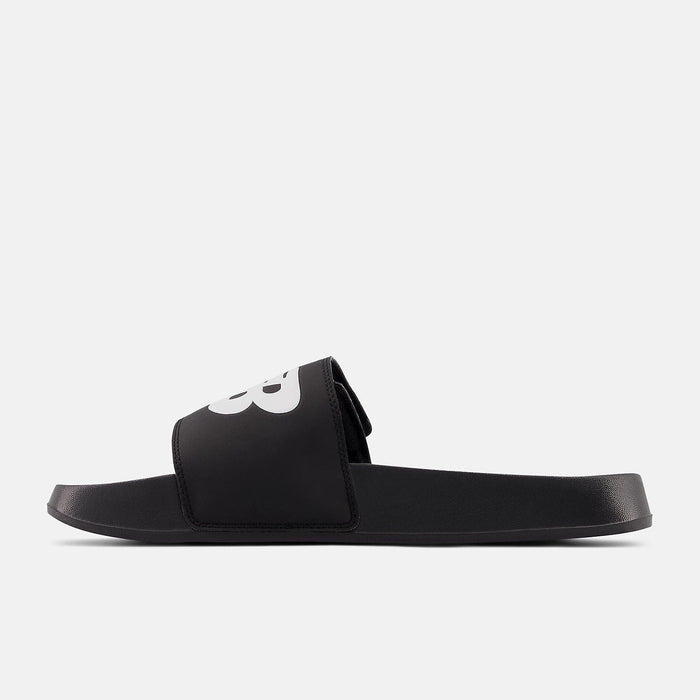 New Balance 200v2 Adjustable slide sandals in black with white logo and adjustable strap, side view.