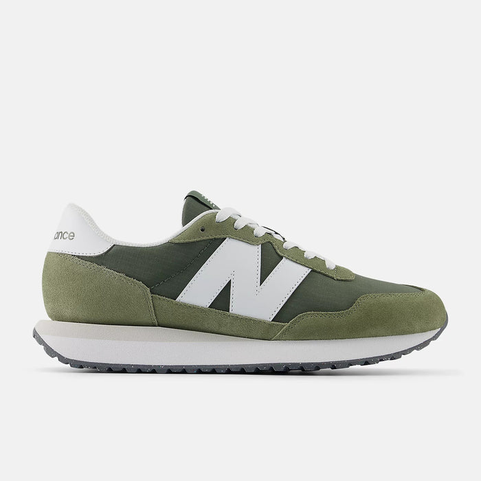 New Balance 237 sneakers in olive green with white accents, suede overlays, and ripstop upper, side view.
