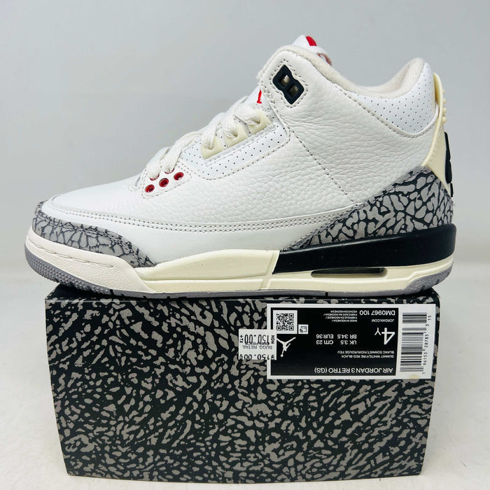 Jordan 3 Retro White Cement sneaker in white with elephant print on box and side detail, 2023 edition