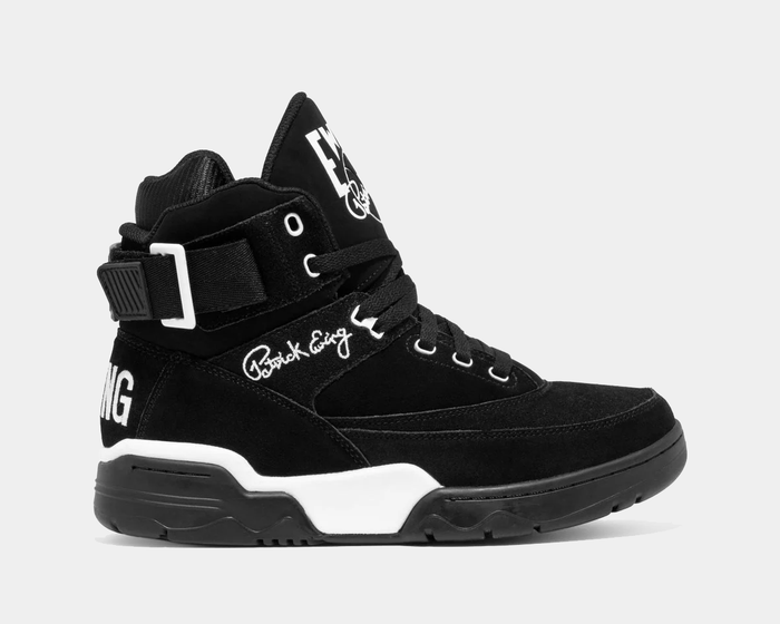 Ewing Athletics 33 HI OG sneakers in black suede with white embroidered branding, ankle strap, and padded collar, side view.