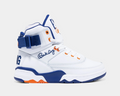 Ewing Athletics 33 HI OG sneakers in white with blue and orange accents, featuring a high-top design, ankle strap, and signature branding, side view.