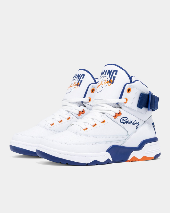 Ewing Athletics 33 HI OG basketball shoes in white with blue and orange accents, high-top design, and ankle strap, angled front view.