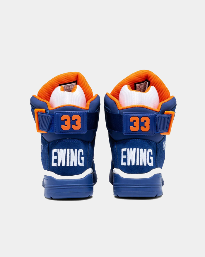 Ewing Athletics 33 HI OG sneakers in navy blue with orange accents, embroidered branding and "33" detailing, back view.