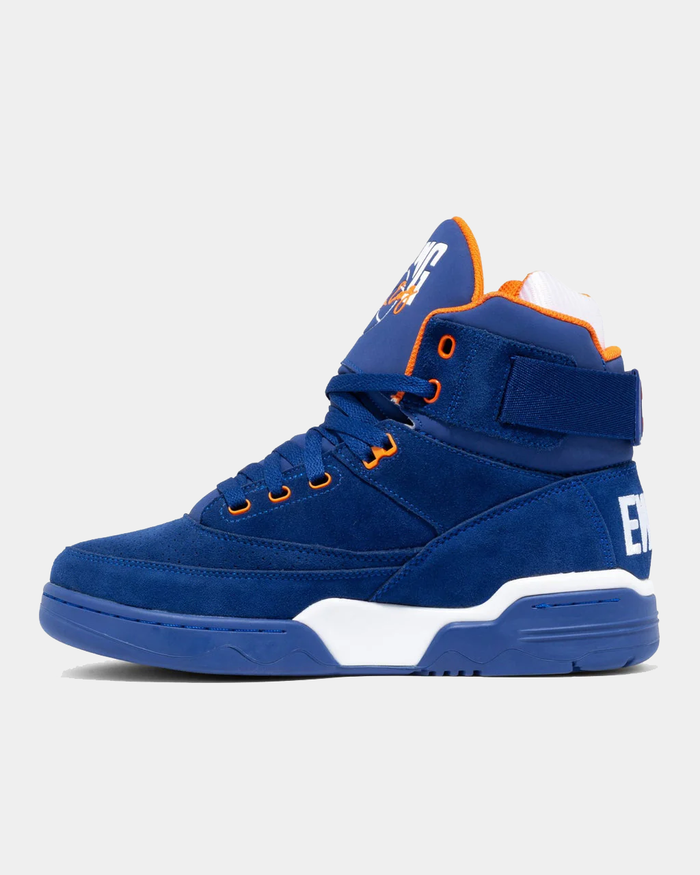 Ewing Athletics 33 HI OG high-top sneakers in royal blue suede with orange accents and white midsole, side view.