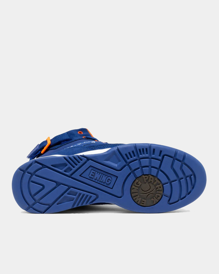 Ewing Athletics 33 HI OG sneakers outsole in blue rubber with signature branding and traction details, bottom view.