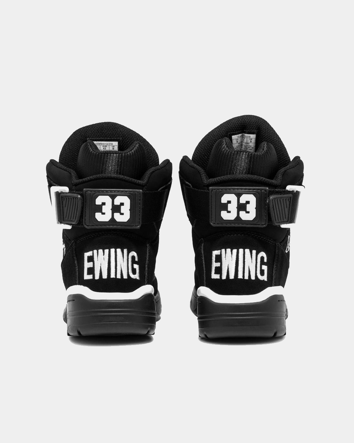 Ewing Athletics 33 HI OG sneakers in black with bold white embroidered branding and number "33" on heel strap, back view.