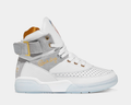 Ewing Athletics 33 HI x LAURENS J sneakers, white leather with gray suede accents, gold embroidered details, and translucent outsole, side view.