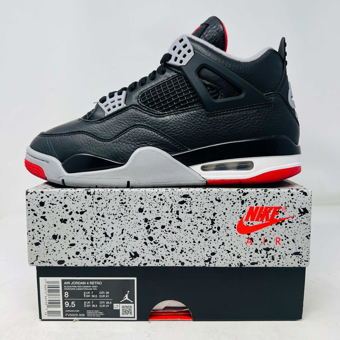 Jordan 4 Retro Bred sneaker on Nike Air box with black, red, and grey design
