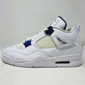 The Jordan 4 Retro Metallic Purple sneaker features white material with blue mesh accents, a visible air cushion in the heel, textured sole, angular overlays, and a padded collar. Note: no box included.