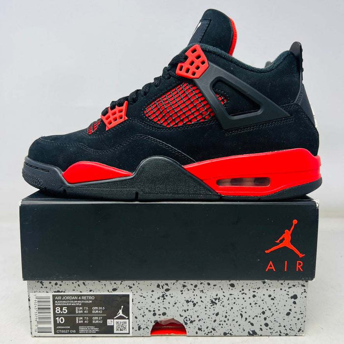Jordan 4 Retro Red Thunder sneaker in black and red with clean uppers and light wear on box