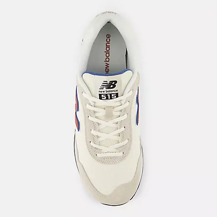 New Balance 515 v3 sneakers in white with navy accents, mesh upper and lace-up closure, top view.