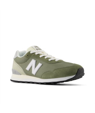New Balance 515 v3 sneakers in olive green with white accents, mesh upper, suede overlays, and rubber outsole, side angle view.