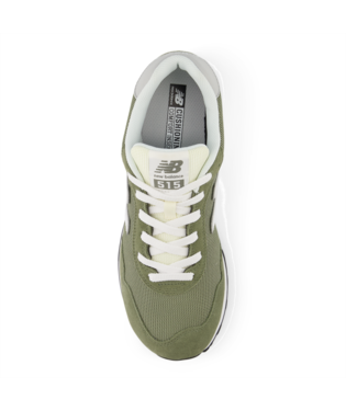 New Balance 515 v3 casual sneakers in olive green with a mesh upper, white laces, and cushioned insole, top view.