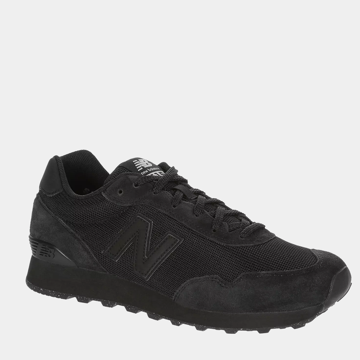 New Balance 515 v3 sneakers in black with mesh upper, suede overlays, and traditional lace-up design, side view.