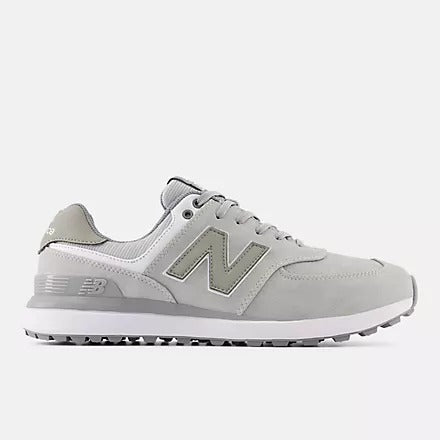 New Balance Golf 574 Greens v2 golf shoes in gray and white featuring a suede and mesh upper with spiked outsole, side view.
