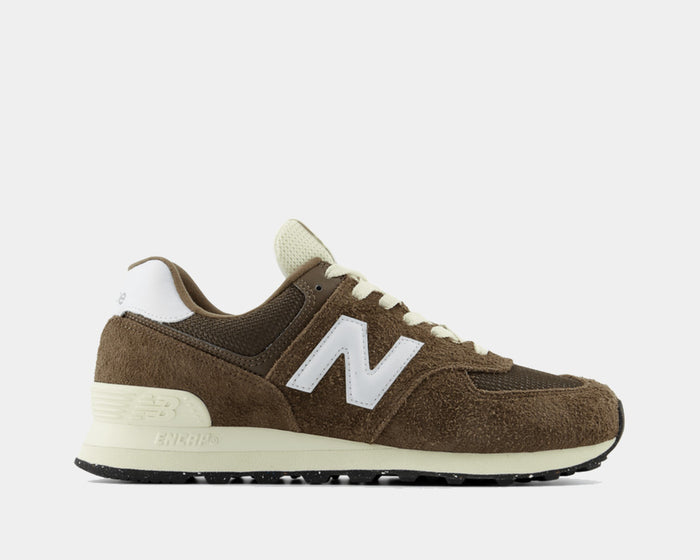 New Balance 574 sneakers in brown suede and mesh with white logo accents, ENCAP midsole, and black rubber outsole, side view.