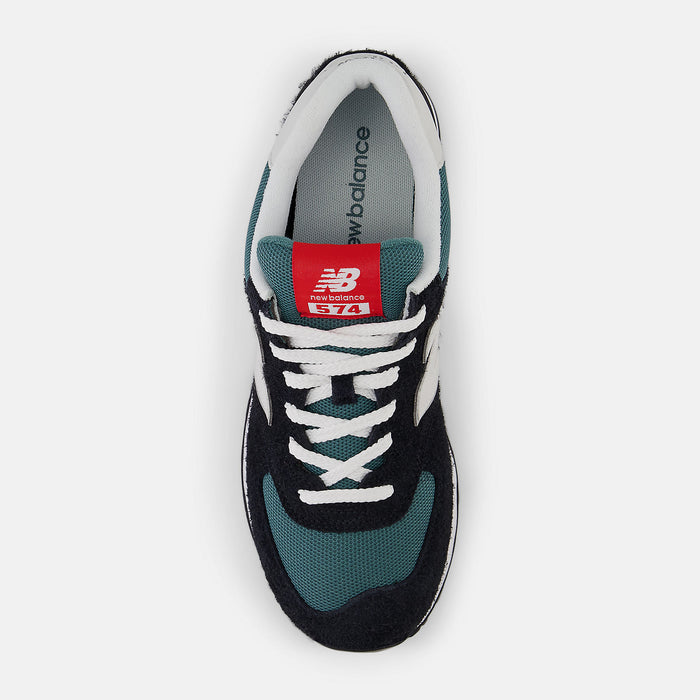 New Balance 574 shoes with teal mesh upper, navy suede overlays, white laces, and red tongue label, top view.