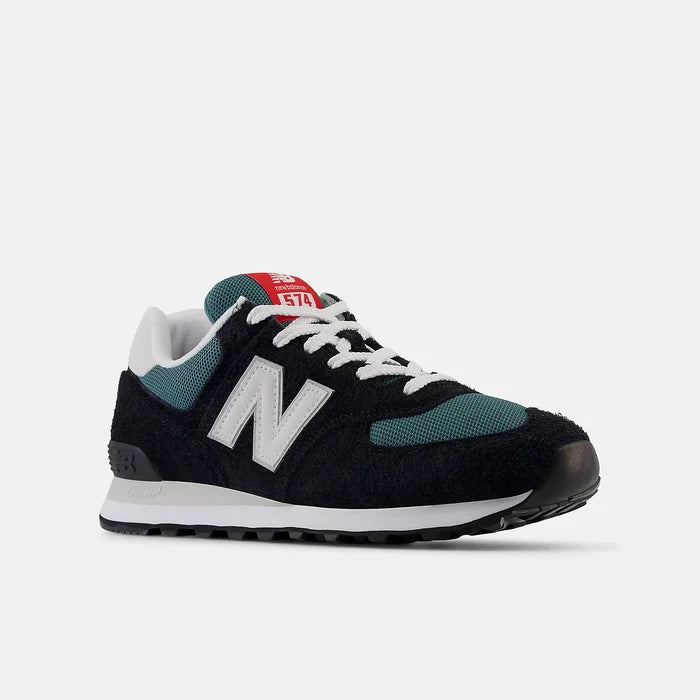 New Balance 574 sneakers in black, teal, and white with suede and mesh upper, ENCAP midsole, and lace-up closure, front-side view.