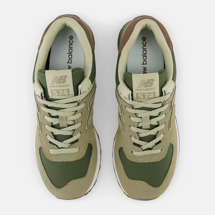 New Balance 574 sneakers in olive green and beige with suede overlays and mesh panels, top view showing lace-up design.