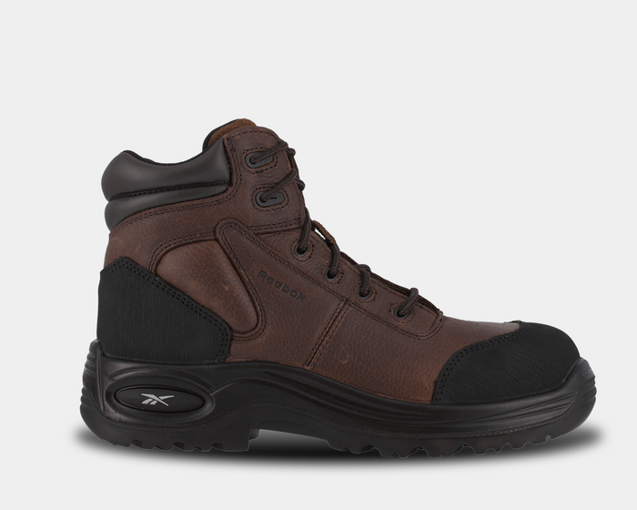 Reebok Work 6 Inch Sport Comp Toe Work Boot in brown leather with black toe cap and rubber outsole, side view.