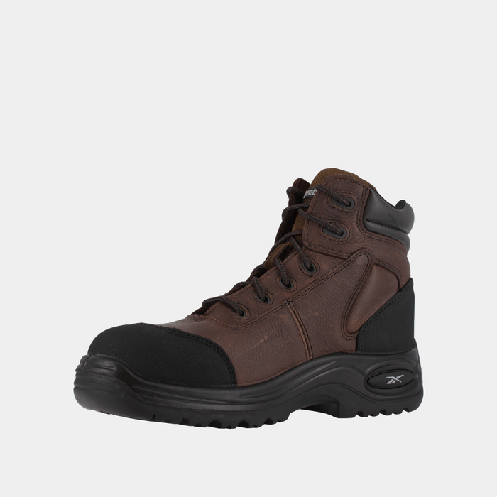 Reebok Work 6 Inch Sport Comp Toe Work Boot in brown leather with black toe cap and cushioned outsole, side view.