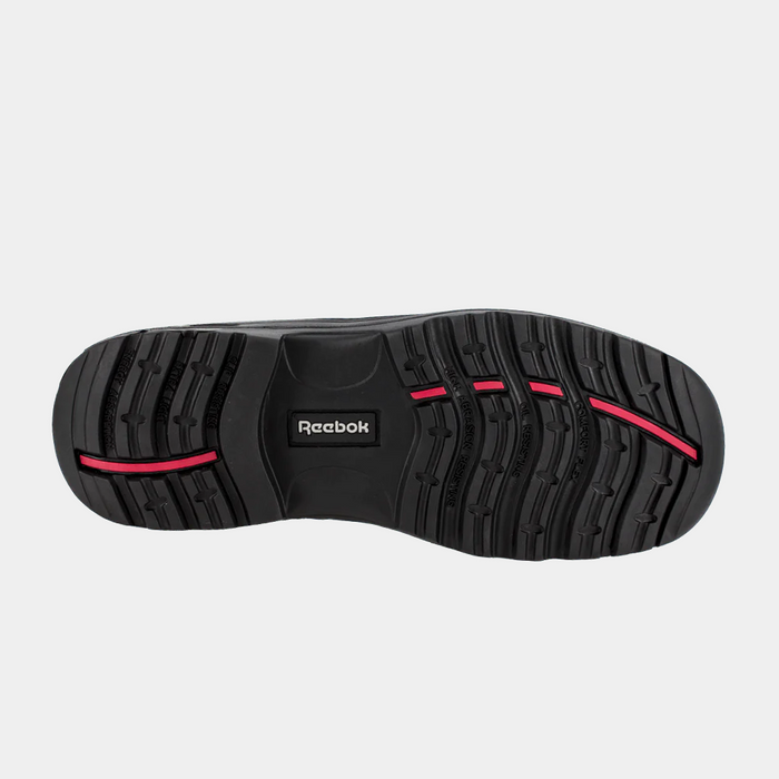Reebok Work 6 Inch Sport Comp Toe Work Boot outsole with slip-resistant tread and red accents, bottom view.