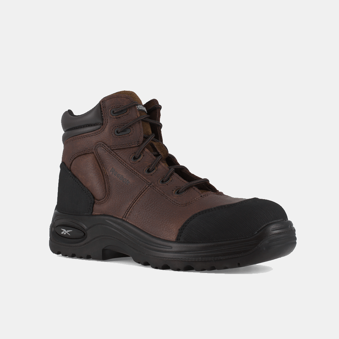 Reebok Work 6 Inch Sport Comp Toe Work Boot in brown leather with black reinforced toe and padded collar, side angle view.