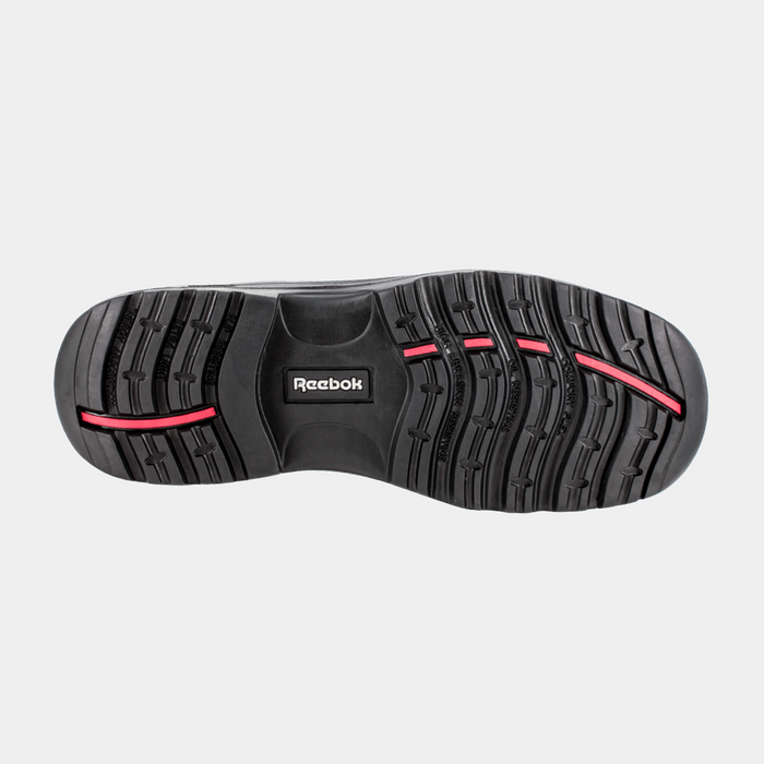 Reebok Work 6 Inch Sport Comp Toe Work Boot outsole with slip-resistant tread pattern and red accents in black rubber, bottom view.