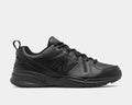 New Balance 608v5 Slip Resistant shoes in all-black leather with perforated detailing and slip-resistant outsole, side view.
