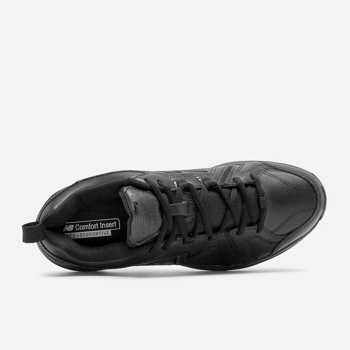 New Balance 608v5 Slip Resistant shoes in black, top view showing lace-up design, leather upper, and supportive comfort insert.