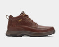 Dunham 8000 Mid Waterproof Boot in brown full-grain leather with durable stitching, metal eyelets, and slip-resistant outsole, side view.