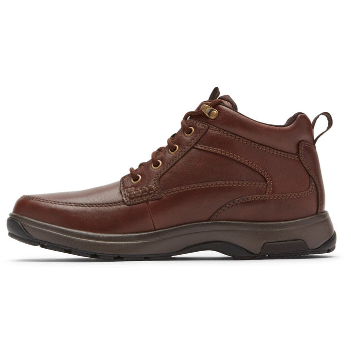 Dunham 8000 Mid Waterproof Boot in brown leather with durable stitching and pull-tab detail, side view.