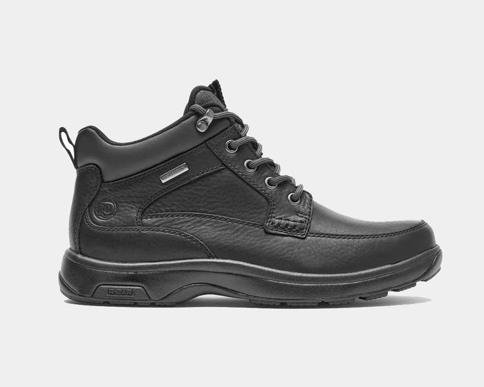 Dunham 8000 Mid Waterproof Boot in black leather with padded collar, metal eyelets, and durable rubber outsole, side view.