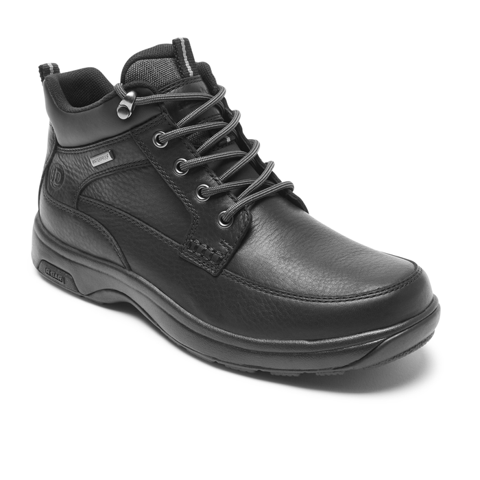Dunham 8000 Mid Waterproof Boot in black leather with textured panels, padded collar, and durable lace-up design, side angle view.