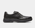 Dunham 8000 Service Plain Toe shoes in black leather with a polished finish, lace-up closure, and sturdy rubber outsole, side view.