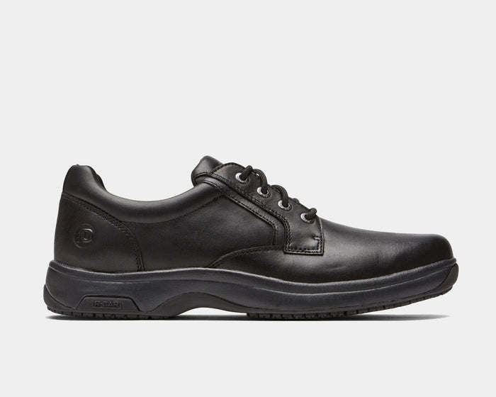 Dunham 8000 Service Plain Toe shoes in black leather with a polished finish, lace-up closure, and sturdy rubber outsole, side view.