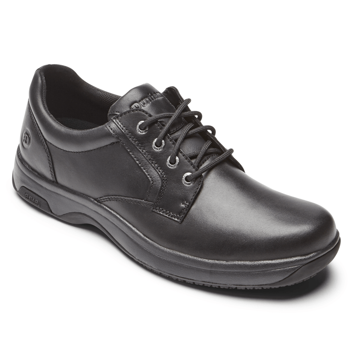 Dunham 8000 Service Plain Toe shoes in black leather with lace-up closure and durable rubber outsole, side angle view.