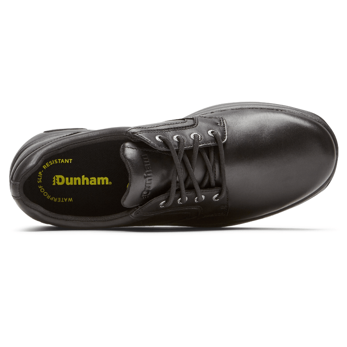 Dunham 8000 Service Plain Toe shoes in black leather with lace-up design and slip-resistant, waterproof insole, top view.