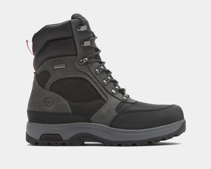 Dunham 8000 Works 8-Inch Ubal Boot in black and gray with rugged leather and textile upper, metal eyelets, and slip-resistant outsole, side view.