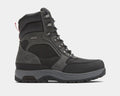 Dunham 8000 Works 8-Inch Ubal Boot in black and gray with rugged leather and textile upper, metal eyelets, and slip-resistant outsole, side view.