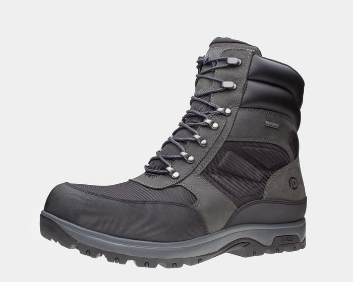 Dunham 8000 Works 8-Inch Ubal Boot in gray and black with waterproof leather upper, padded collar, and rugged outsole, side view.