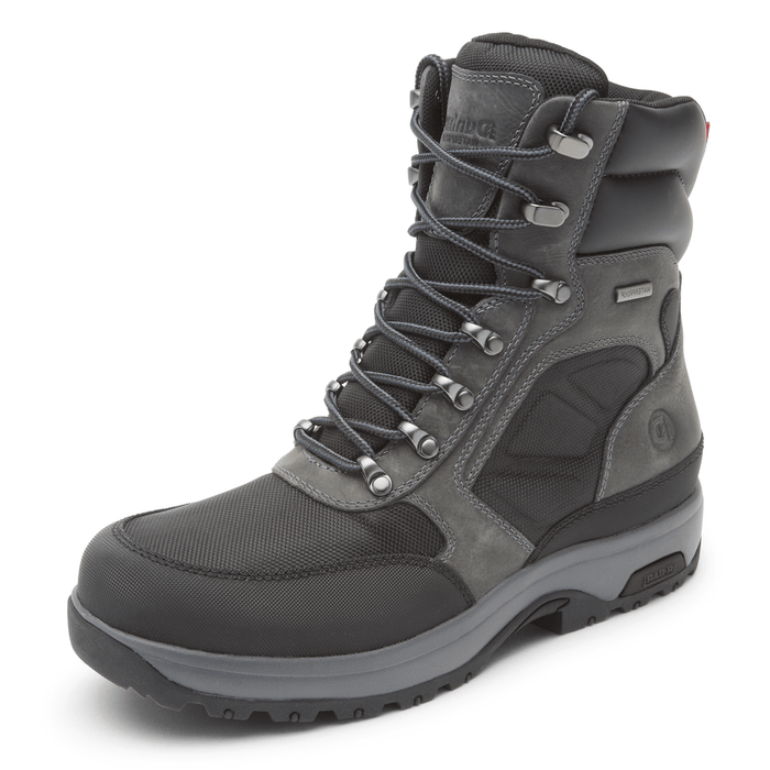 Dunham 8000 Works 8-Inch Ubal Boot in black and gray leather with rugged mesh panels, lace-up design, and durable outsole, side view.