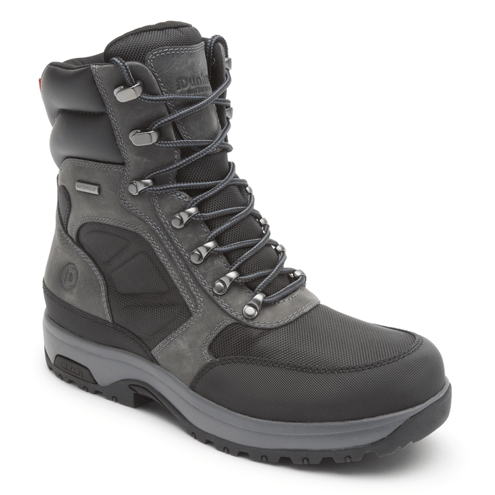 Dunham 8000 Works 8-Inch Ubal Boot in black and gray with waterproof leather, padded collar, and durable lace system, side angle view.