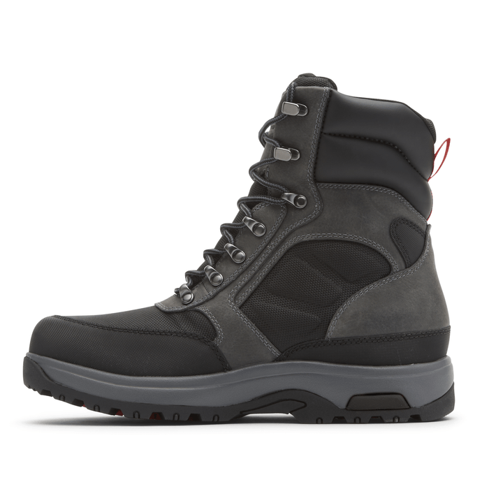 Dunham 8000 Works 8-Inch Ubal Boot in dark gray and black, featuring rugged leather and mesh upper with padded collar, side view